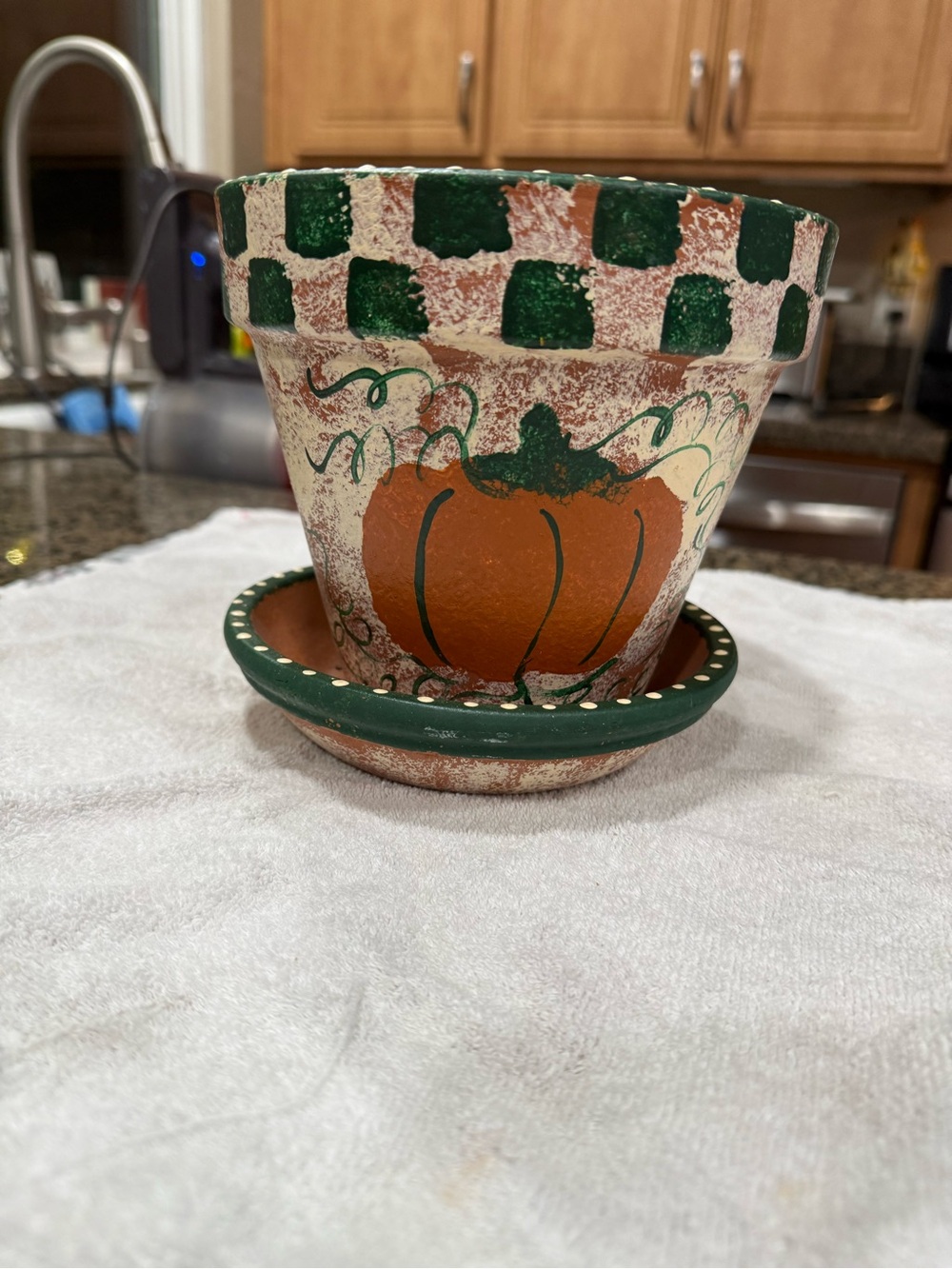 Hand-Painted Pumpkin Terracotta Planter - Green and Orange